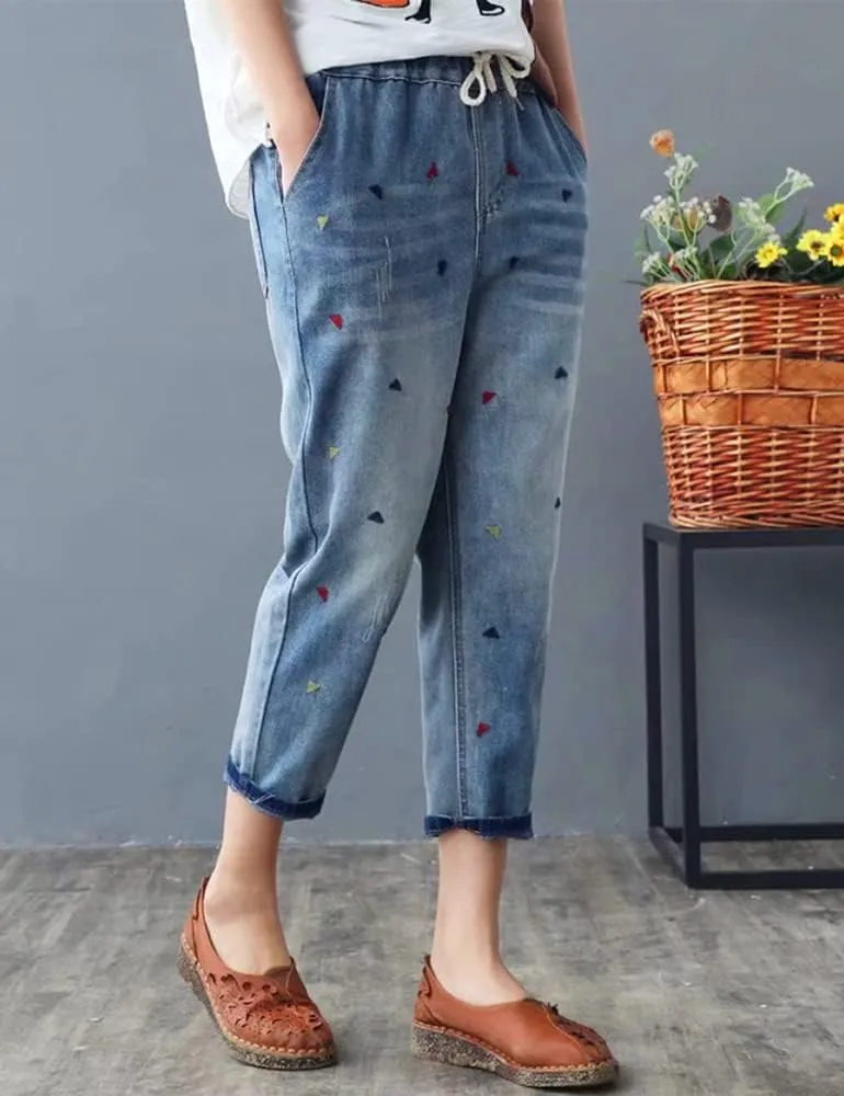 Kinghua Women's High Waisted Floral Embroidered Capri Jeans Casual Elastic Waisted Cropped Harem Pants