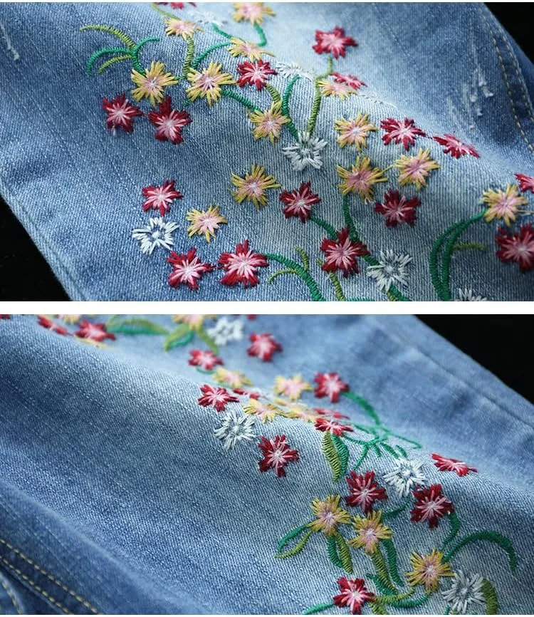 Kinghua Women's High Waisted Floral Embroidered Capri Jeans Casual Elastic Waisted Cropped Harem Pants
