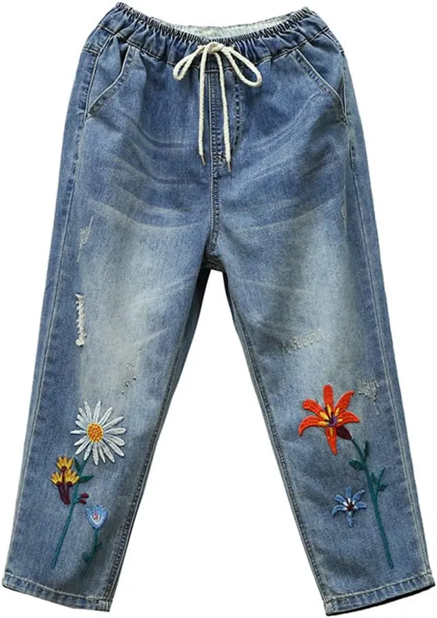 Kinghua Women's High Waisted Floral Embroidered Capri Jeans Casual Elastic Waisted Cropped Harem Pants