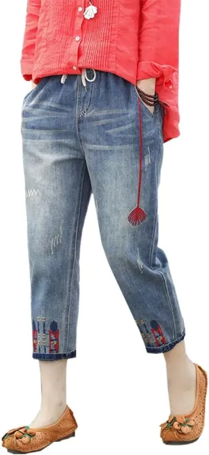 Kinghua Women's High Waisted Floral Embroidered Capri Jeans Casual Elastic Waisted Cropped Harem Pants