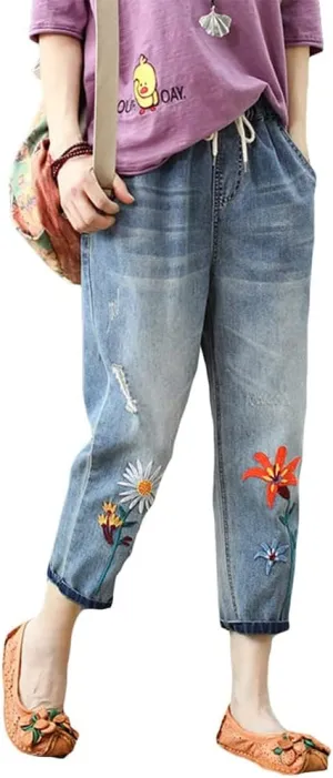 Kinghua Women's High Waisted Floral Embroidered Capri Jeans Casual Elastic Waisted Cropped Harem Pants