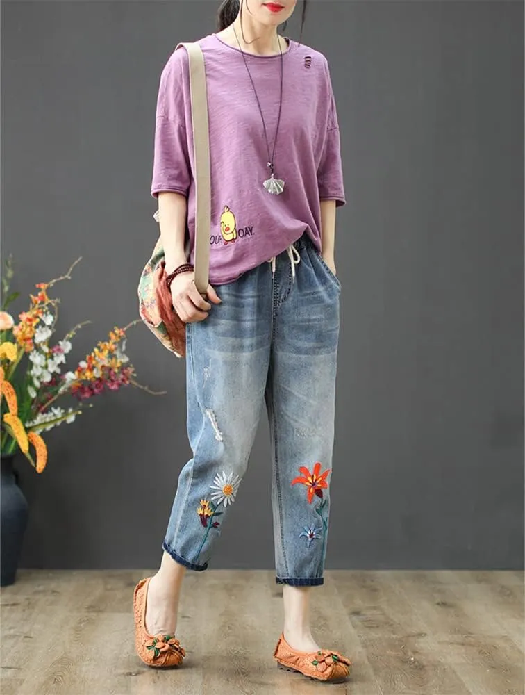 Kinghua Women's High Waisted Floral Embroidered Capri Jeans Casual Elastic Waisted Cropped Harem Pants