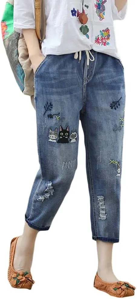 Kinghua Women's High Waisted Floral Embroidered Capri Jeans Casual Elastic Waisted Cropped Harem Pants