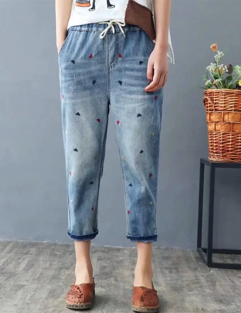 Kinghua Women's High Waisted Floral Embroidered Capri Jeans Casual Elastic Waisted Cropped Harem Pants