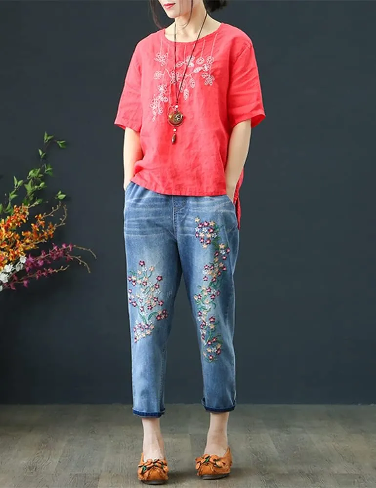 Kinghua Women's High Waisted Floral Embroidered Capri Jeans Casual Elastic Waisted Cropped Harem Pants