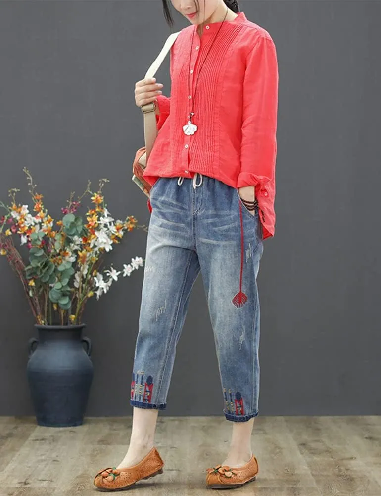 Kinghua Women's High Waisted Floral Embroidered Capri Jeans Casual Elastic Waisted Cropped Harem Pants