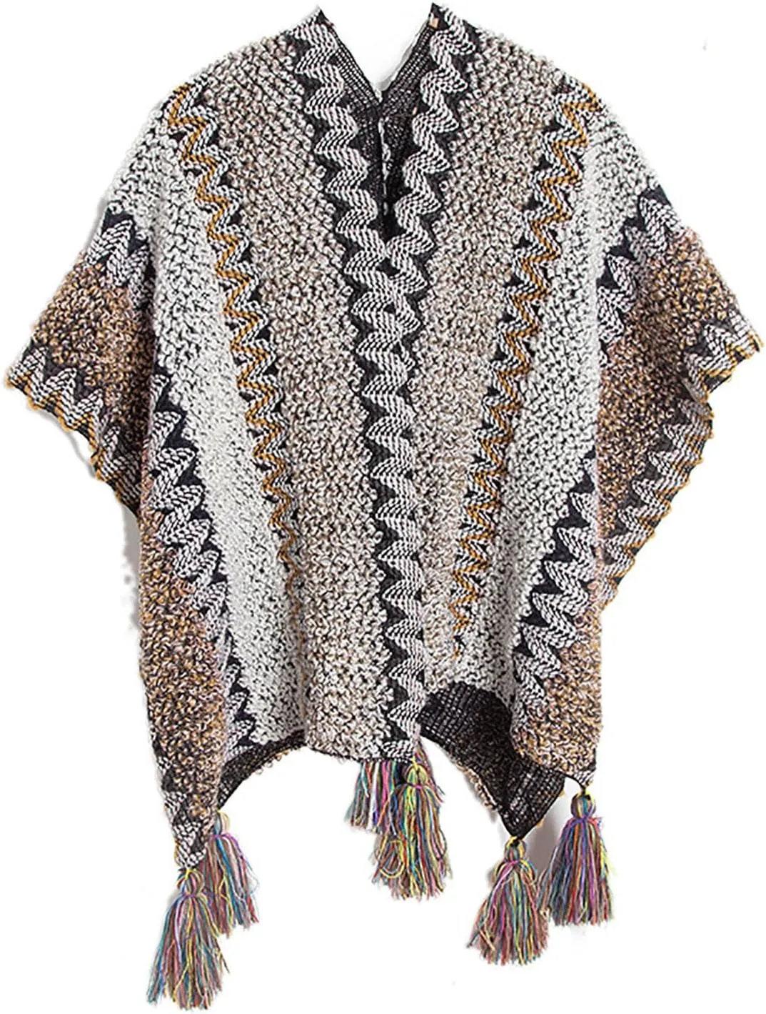 Knit Shawl Wraps for Women, Boho Open Front Cardigan Sweater Color Block Cape Poncho with Tassel for Fall Winter