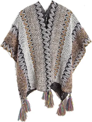 Knit Shawl Wraps for Women, Boho Open Front Cardigan Sweater Color Block Cape Poncho with Tassel for Fall Winter
