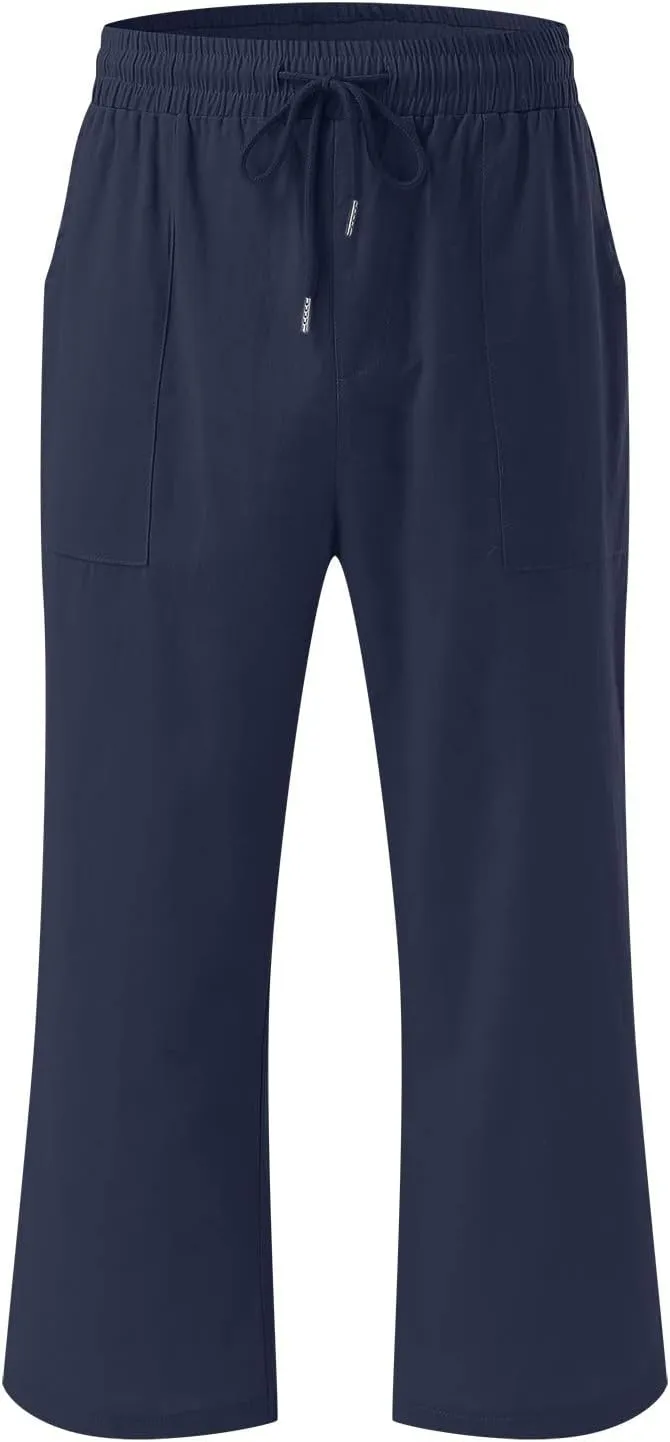 Linen Capri Pants for Women Straight Leg Casual Summer Elastic High Waisted Drawstring Lightweight Cropped Trousers