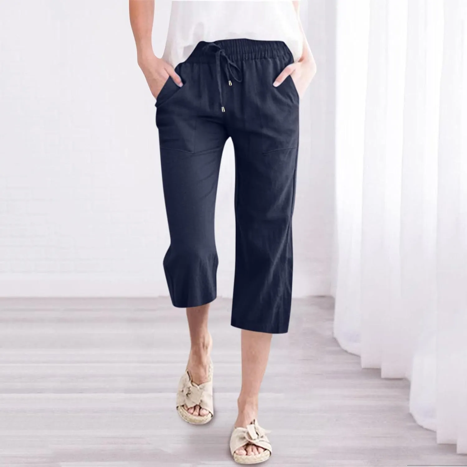 Linen Capri Pants for Women Straight Leg Casual Summer Elastic High Waisted Drawstring Lightweight Cropped Trousers