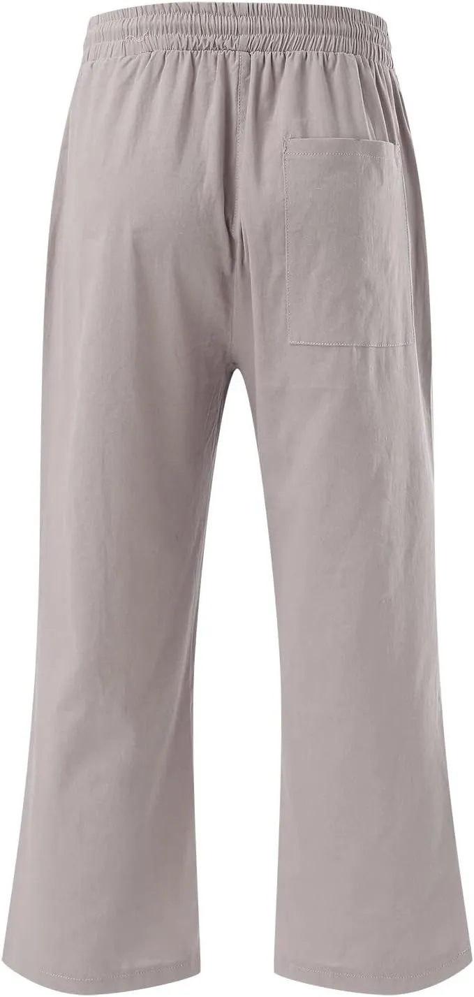 Linen Capri Pants for Women Straight Leg Casual Summer Elastic High Waisted Drawstring Lightweight Cropped Trousers