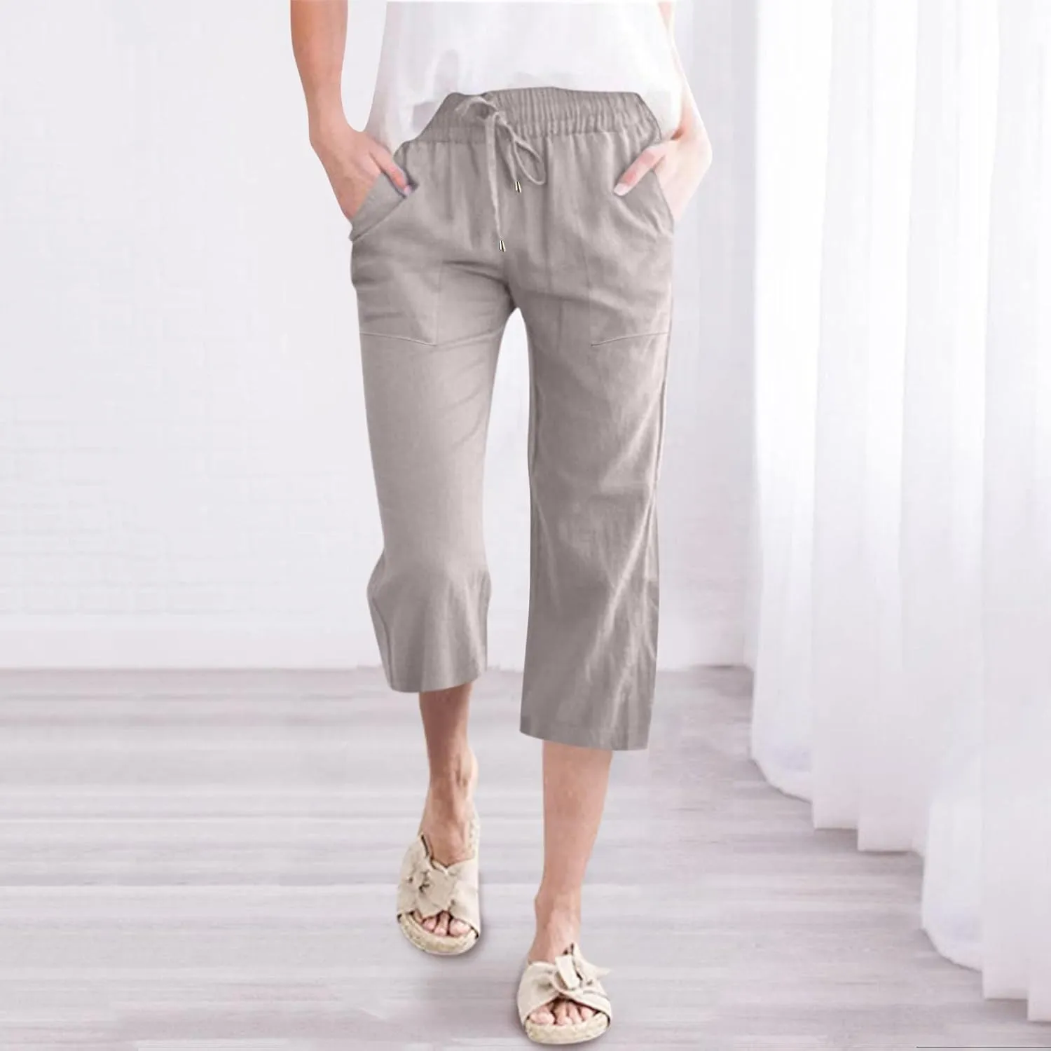 Linen Capri Pants for Women Straight Leg Casual Summer Elastic High Waisted Drawstring Lightweight Cropped Trousers