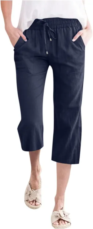 Linen Capri Pants for Women Straight Leg Casual Summer Elastic High Waisted Drawstring Lightweight Cropped Trousers