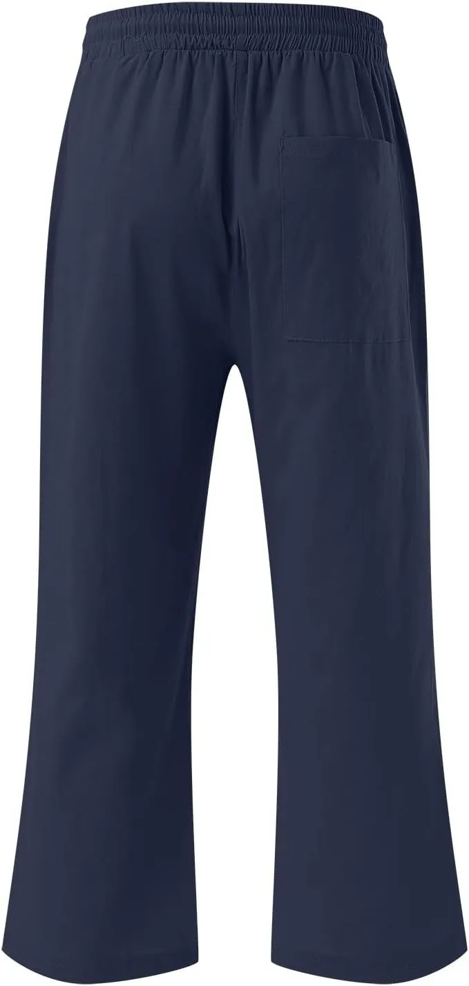 Linen Capri Pants for Women Straight Leg Casual Summer Elastic High Waisted Drawstring Lightweight Cropped Trousers