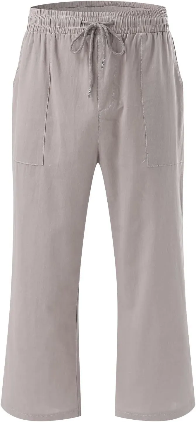 Linen Capri Pants for Women Straight Leg Casual Summer Elastic High Waisted Drawstring Lightweight Cropped Trousers