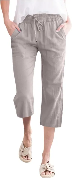 Linen Capri Pants for Women Straight Leg Casual Summer Elastic High Waisted Drawstring Lightweight Cropped Trousers