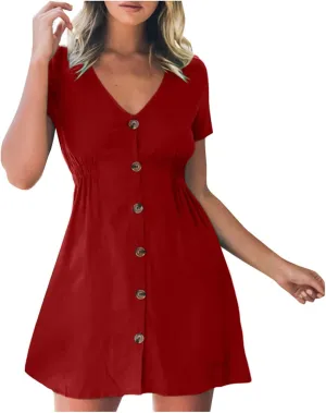 Linen Dresses for Women 2025 Vacation Loose V-Neck Button Down Solid Sundress Summer Casual Short Sleeve Dress