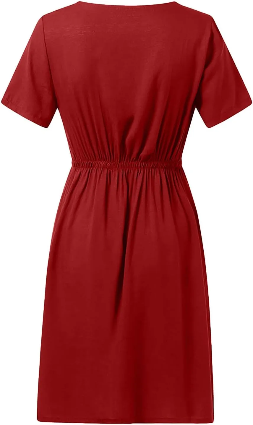 Linen Dresses for Women 2025 Vacation Loose V-Neck Button Down Solid Sundress Summer Casual Short Sleeve Dress