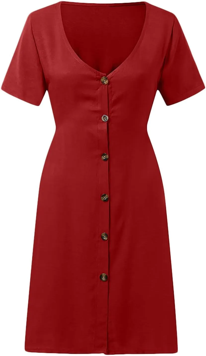Linen Dresses for Women 2025 Vacation Loose V-Neck Button Down Solid Sundress Summer Casual Short Sleeve Dress