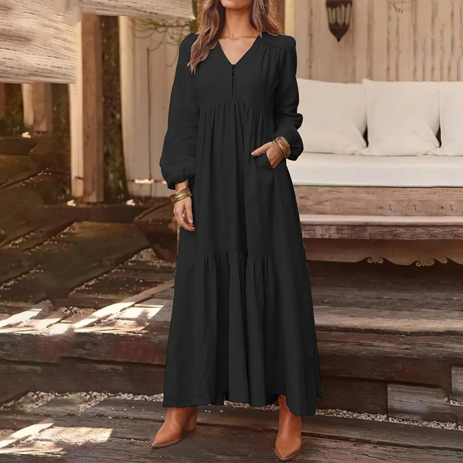 Linen Maxi Dress for Women Long Boho Dresses Casual Long Sleeve V Neck Dress Flowy Beach Pleated Sundress with Pockets