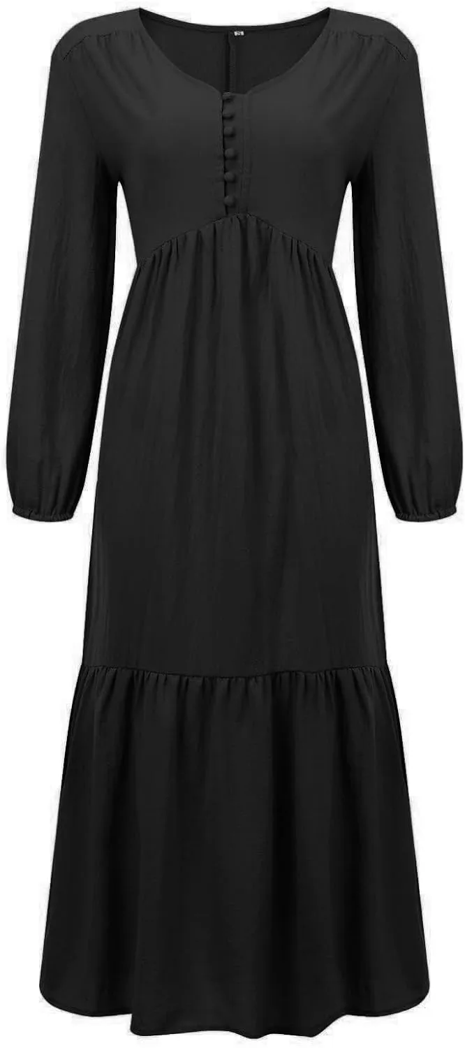 Linen Maxi Dress for Women Long Boho Dresses Casual Long Sleeve V Neck Dress Flowy Beach Pleated Sundress with Pockets