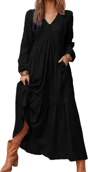 Linen Maxi Dress for Women Long Boho Dresses Casual Long Sleeve V Neck Dress Flowy Beach Pleated Sundress with Pockets