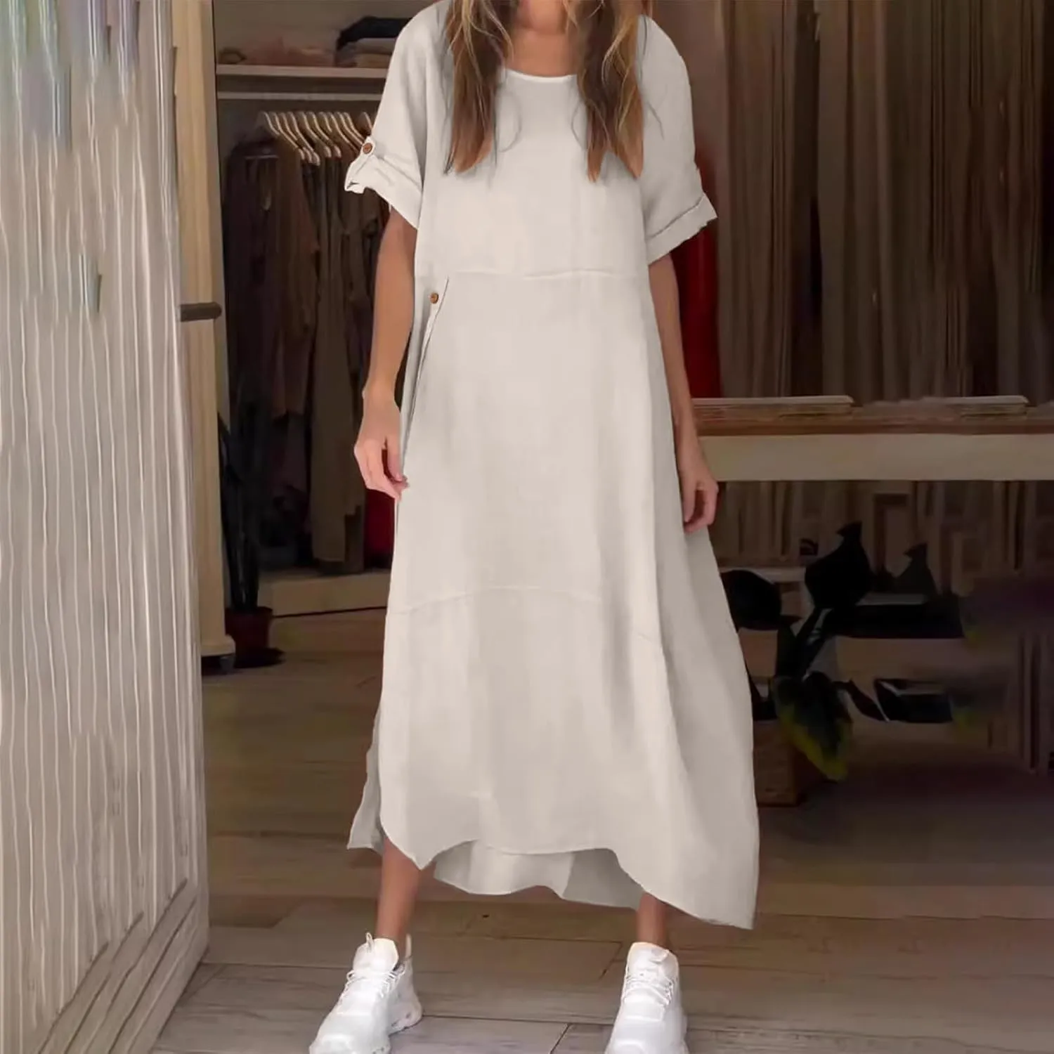 Linen Sundress for Women 2025 Casual Short Sleeve Round Neck Dress Fashion Solid Loose Pleated Long Dresses