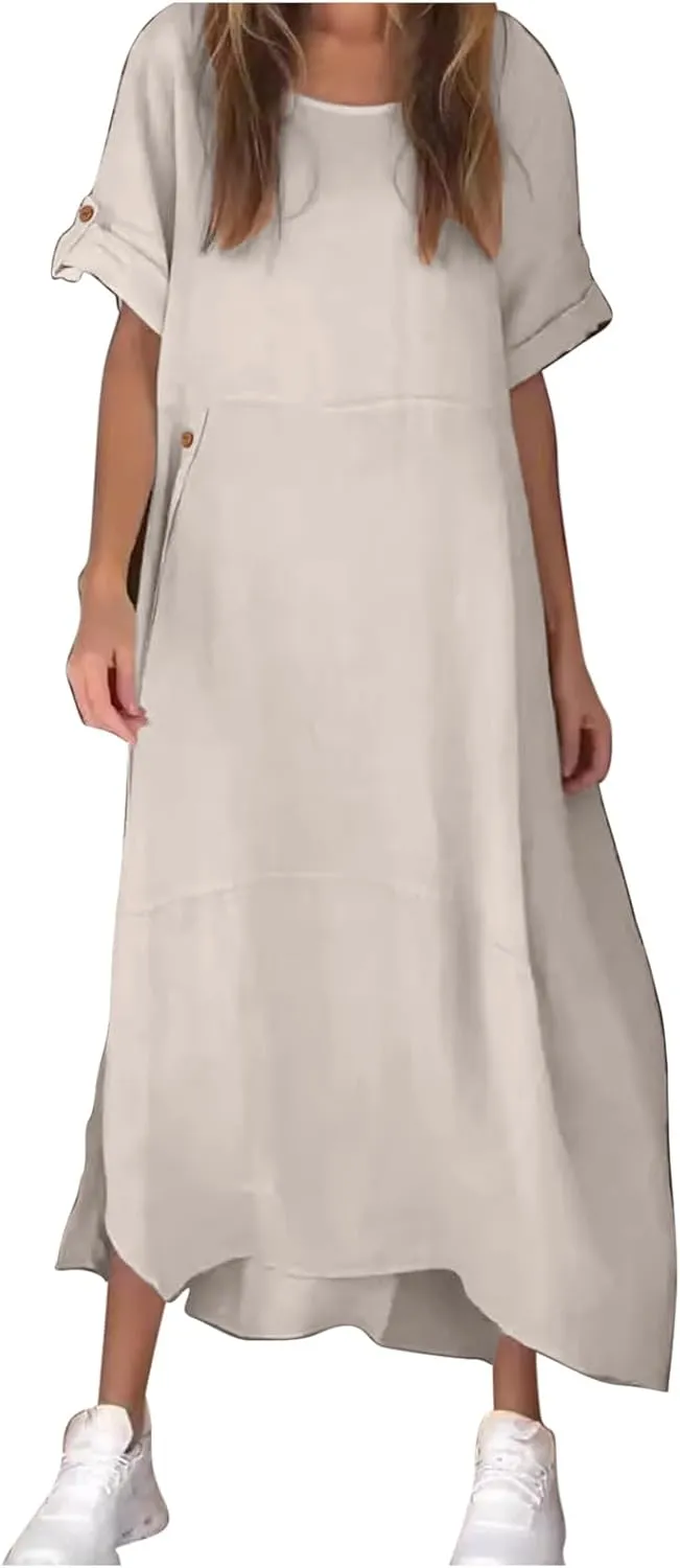 Linen Sundress for Women 2025 Casual Short Sleeve Round Neck Dress Fashion Solid Loose Pleated Long Dresses