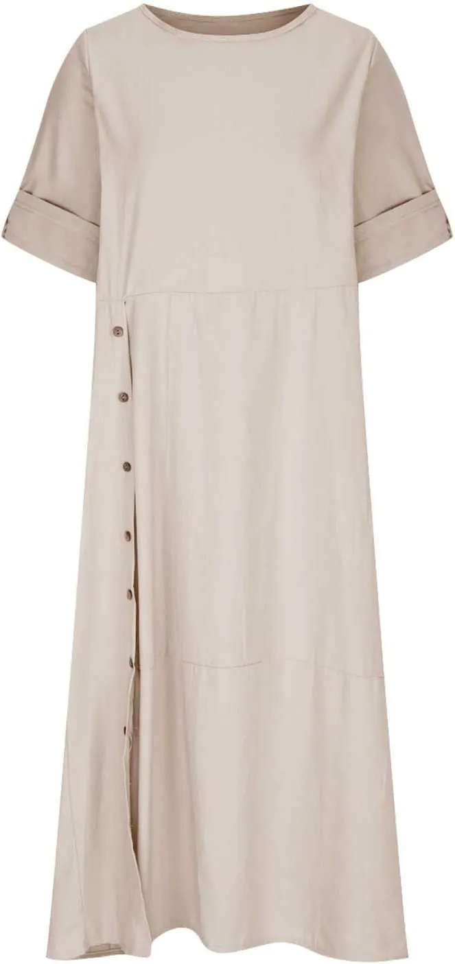 Linen Sundress for Women 2025 Casual Short Sleeve Round Neck Dress Fashion Solid Loose Pleated Long Dresses