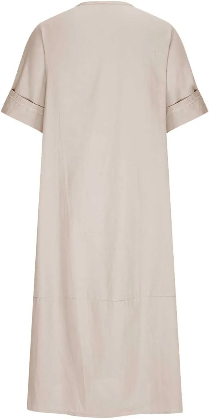 Linen Sundress for Women 2025 Casual Short Sleeve Round Neck Dress Fashion Solid Loose Pleated Long Dresses
