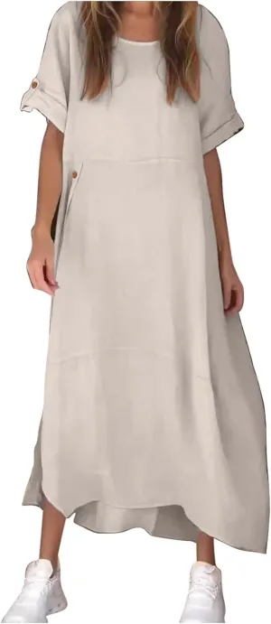 Linen Sundress for Women 2025 Casual Short Sleeve Round Neck Dress Fashion Solid Loose Pleated Long Dresses