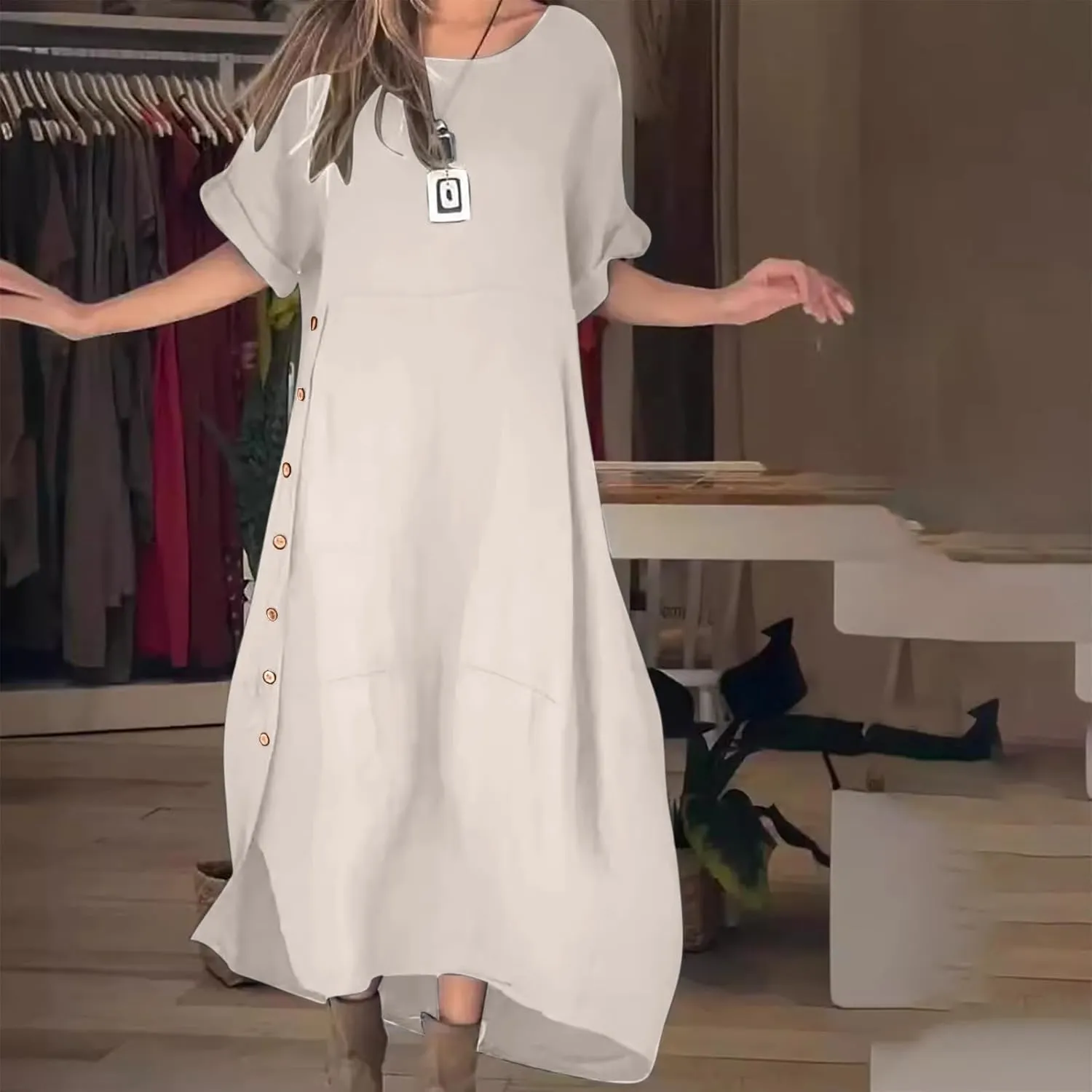 Linen Sundress for Women 2025 Casual Short Sleeve Round Neck Dress Fashion Solid Loose Pleated Long Dresses