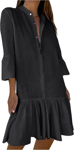 Lmdudan 2025 Women Summer Button Down Shirt Dress Casual Ruffle Sleeve Shift Mini Dresses Vacation Boho Dresses with Pockets