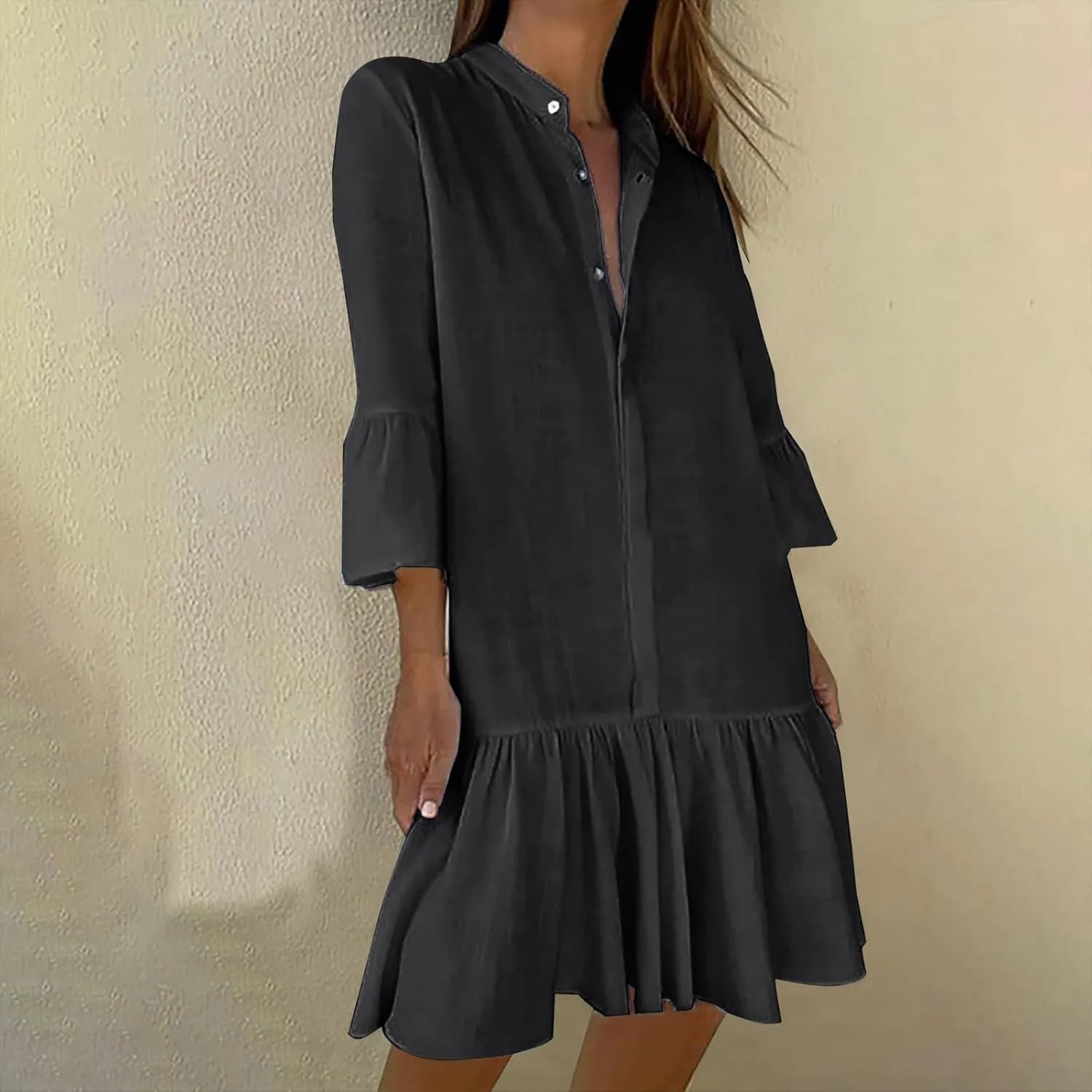 Lmdudan 2025 Women Summer Button Down Shirt Dress Casual Ruffle Sleeve Shift Mini Dresses Vacation Boho Dresses with Pockets
