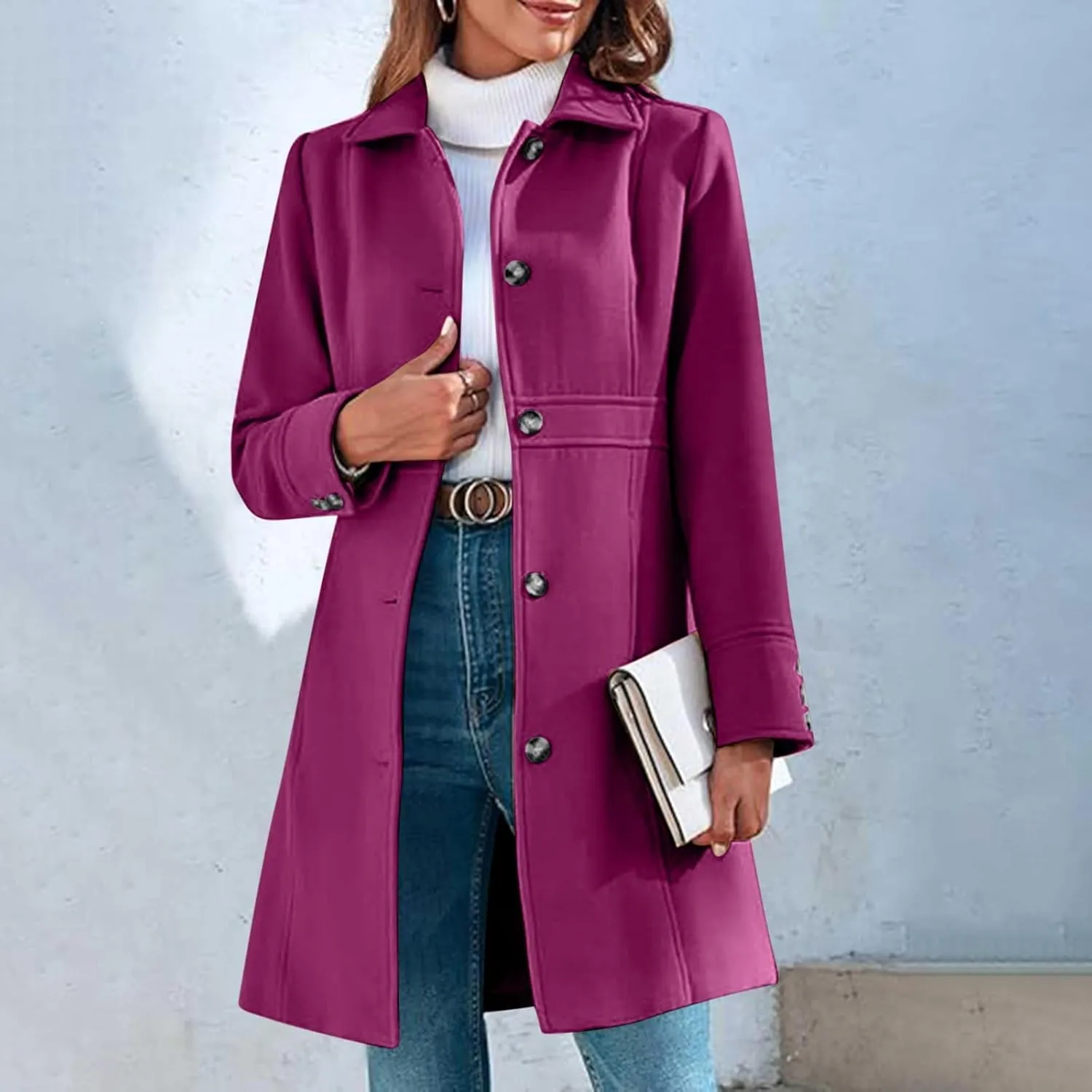 Lmdudan Women's Elegant Single Breasted Coat Long Sleeve Mid Winter Overcoat Solid Color Work Office Pea Coats with Pockets