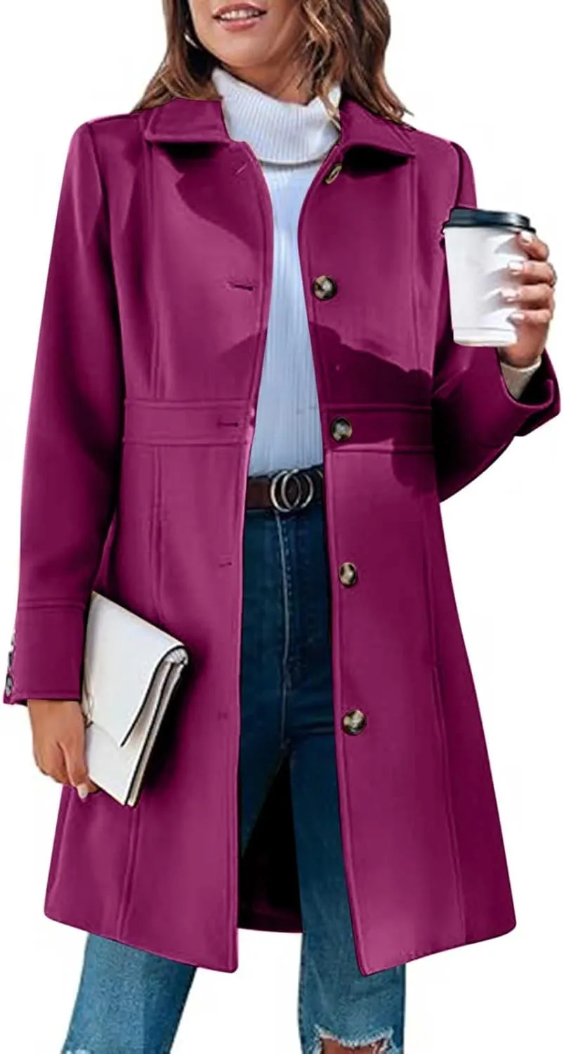 Lmdudan Women's Elegant Single Breasted Coat Long Sleeve Mid Winter Overcoat Solid Color Work Office Pea Coats with Pockets