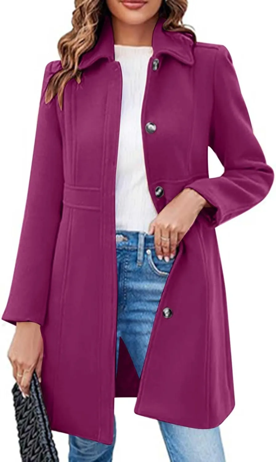 Lmdudan Women's Elegant Single Breasted Coat Long Sleeve Mid Winter Overcoat Solid Color Work Office Pea Coats with Pockets