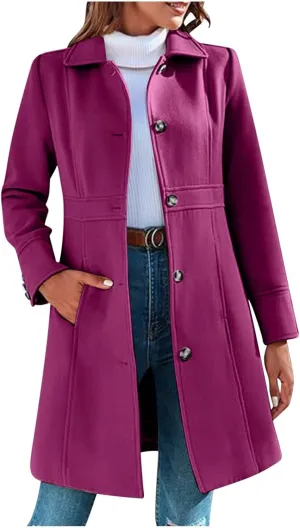 Lmdudan Women's Elegant Single Breasted Coat Long Sleeve Mid Winter Overcoat Solid Color Work Office Pea Coats with Pockets