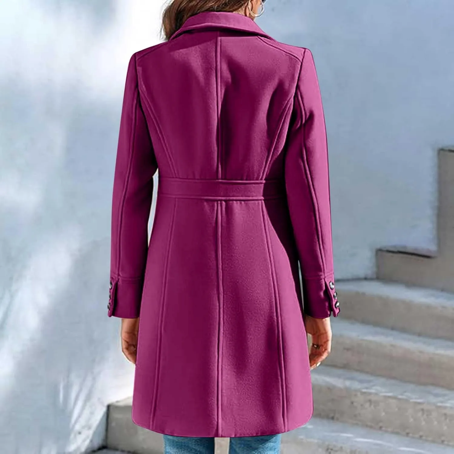 Lmdudan Women's Elegant Single Breasted Coat Long Sleeve Mid Winter Overcoat Solid Color Work Office Pea Coats with Pockets