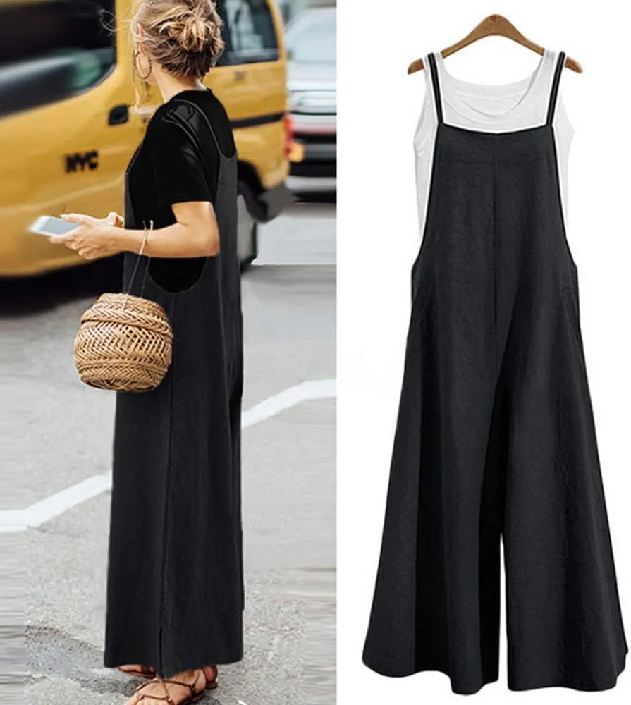 Lncropo Womens Casual Overalls Baggy Wide Leg Jumpsuits Linen Bib Pants