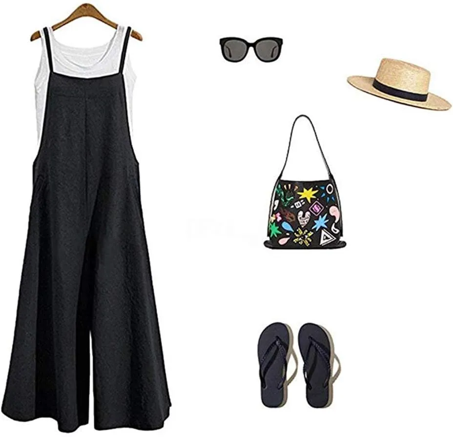 Lncropo Womens Casual Overalls Baggy Wide Leg Jumpsuits Linen Bib Pants