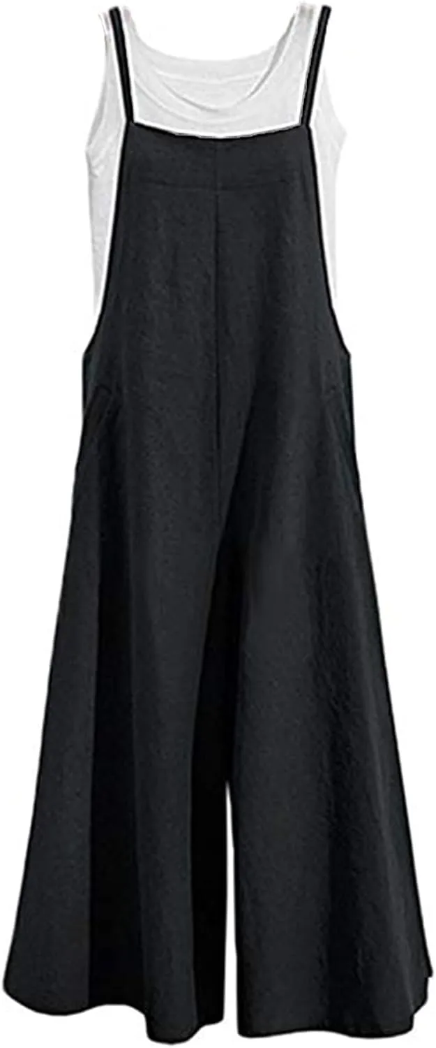 Lncropo Womens Casual Overalls Baggy Wide Leg Jumpsuits Linen Bib Pants