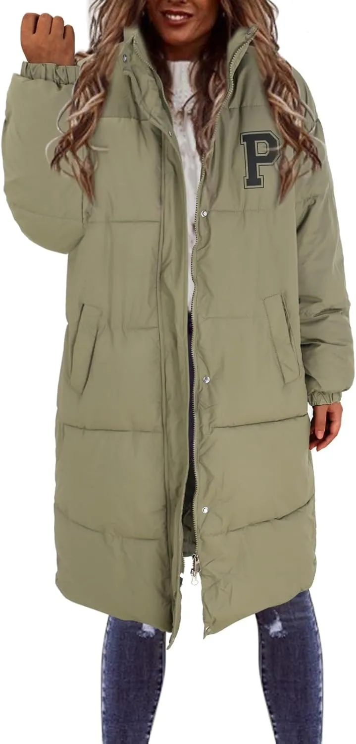 Long Down Coats for Women Winter Warm Full Zip Puffer Jacket Hooded Length Quilted Coat Windproof Oversized Outerwear