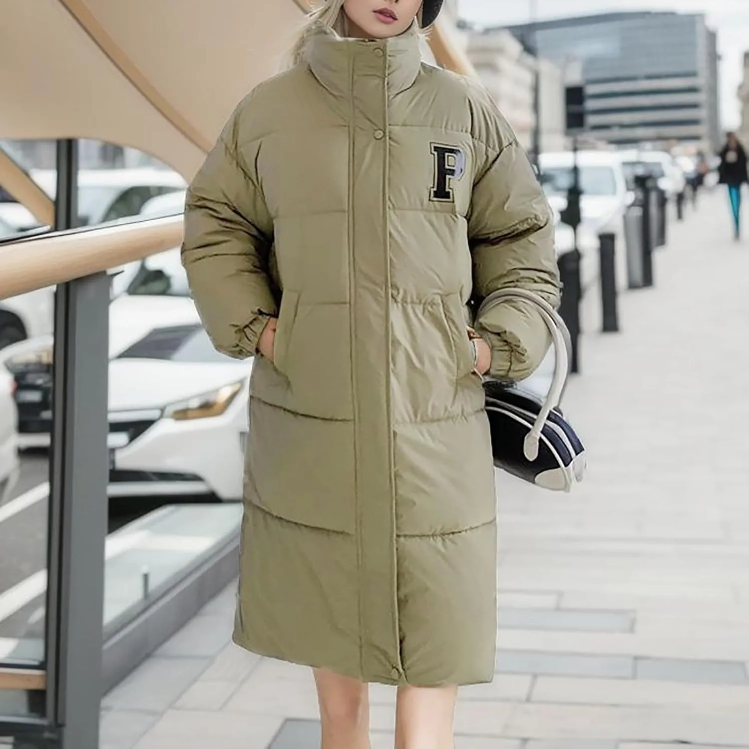Long Down Coats for Women Winter Warm Full Zip Puffer Jacket Hooded Length Quilted Coat Windproof Oversized Outerwear