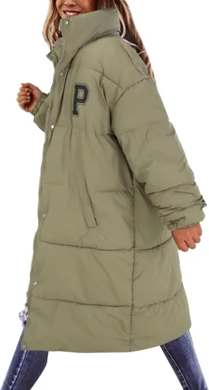 Long Down Coats for Women Winter Warm Full Zip Puffer Jacket Hooded Length Quilted Coat Windproof Oversized Outerwear