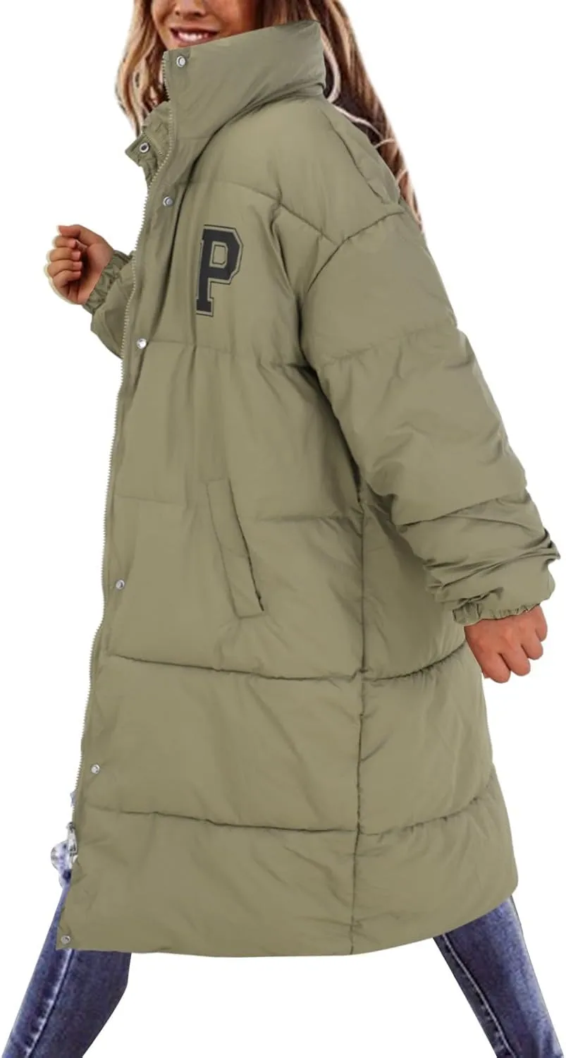 Long Down Coats for Women Winter Warm Full Zip Puffer Jacket Hooded Length Quilted Coat Windproof Oversized Outerwear