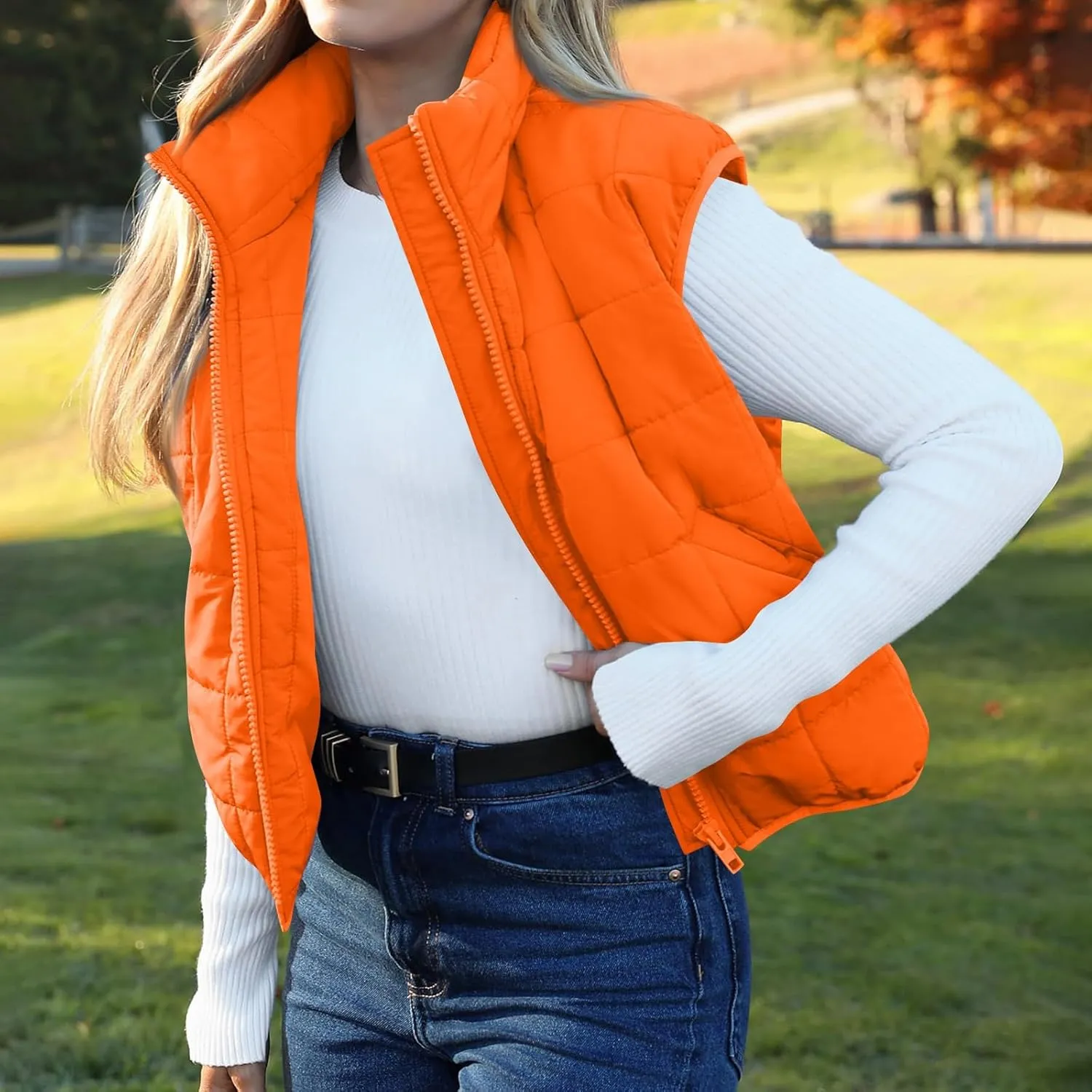 Long Fleece Vests For Women 2024 Trendy Puffer Zip Up Sleeveless Hoodie Jacket Quilted Vest Padded Coat Outerwear