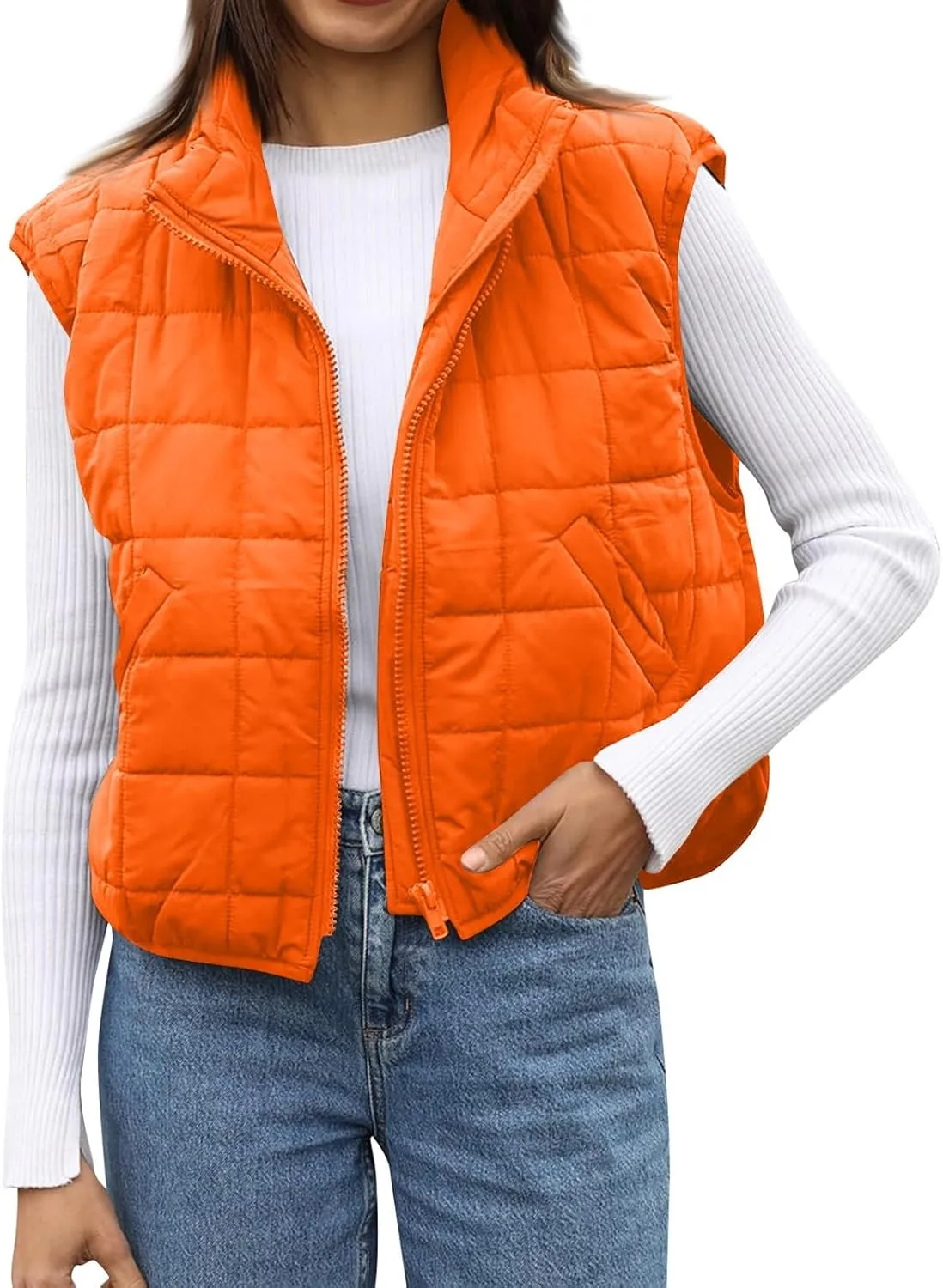 Long Fleece Vests For Women 2024 Trendy Puffer Zip Up Sleeveless Hoodie Jacket Quilted Vest Padded Coat Outerwear