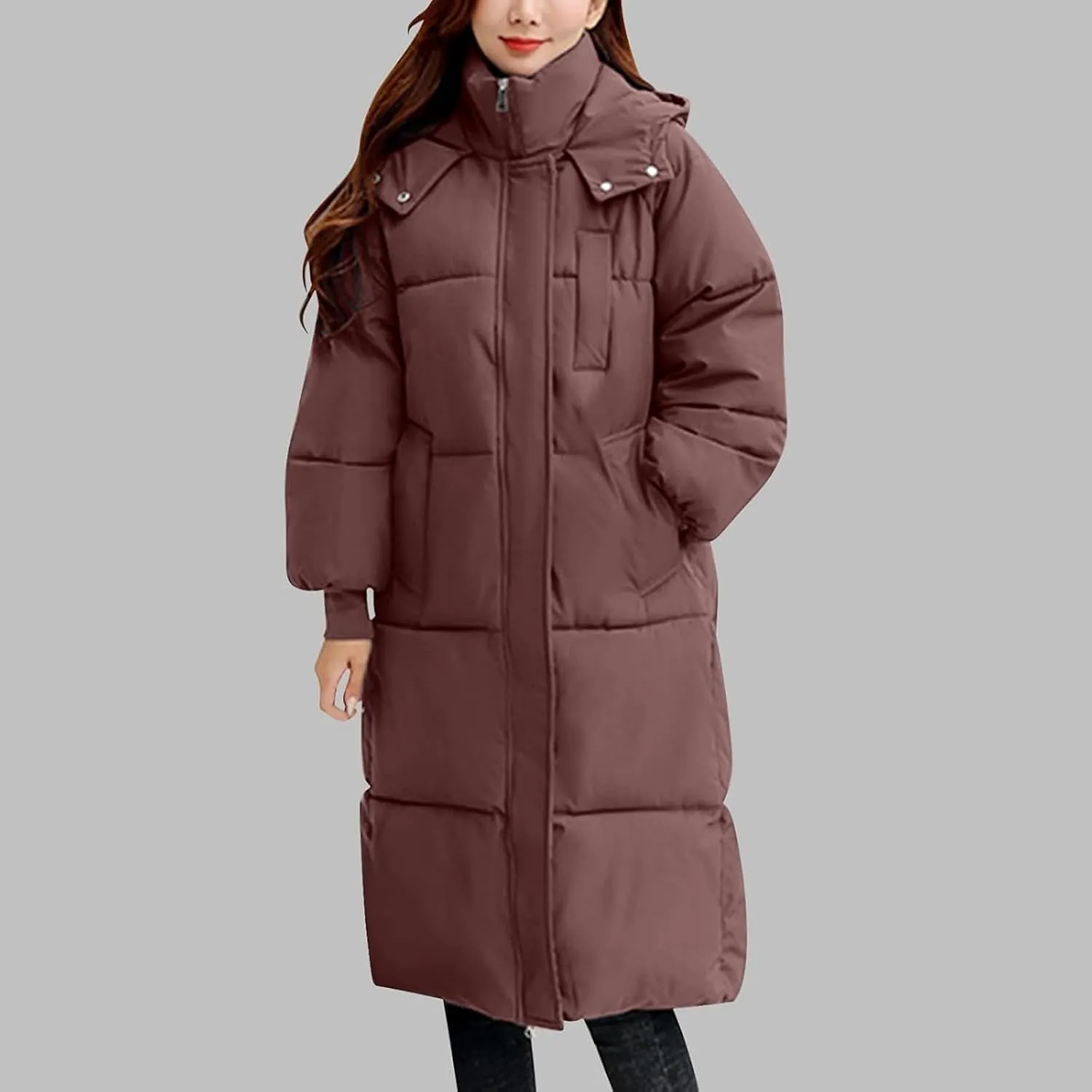 Long Puffer Coat for Women with Detachable Hood Winter Warm down Jacket Water-Resistant Thick Padded Quilted Trendy Outwear