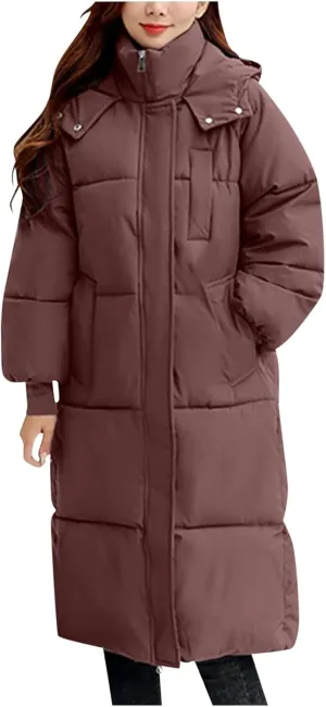 Long Puffer Coat for Women with Detachable Hood Winter Warm down Jacket Water-Resistant Thick Padded Quilted Trendy Outwear